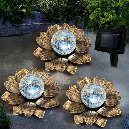 LEWIS&WAYNE Solar Garden Lights Outdoor, 3 Pcs Coppery Lotus Flower Pathway Lamps with Cool White...