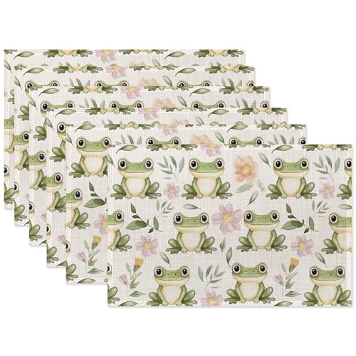 Cute Frog Table Mats Set of 6,Non-Slip Washable Placemats for Restaurant Home Kitchen Dinner Table 12x18Inch