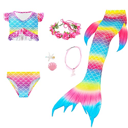 Kumkey 6 Stücke Meerjungfrau Schwanz Mädchen Cosplay Bademode, Meerjungfrau Meerjungfrau Bikini Set mit Kopf Girlande Halskette, Kleines Mädchen Maskerade Kleine Meerjungfrau Kostüm (150,GB59) Cover