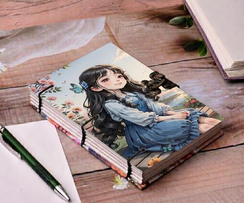 Image of URBAN UNFOLD Cute Anime Girl Aesthetic Journal - A5 Handmade Kawaii Diary with Antique Metal Lock, 200 Unruled Pages, Hardcover Hand-Stitched Personal Notebook for Girls, Teens & Anime Fans (Blue Butterfly Theme)