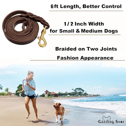 Guiding Star Leather Dog Leash 6ft, Dog Leashes for Large Dogs Heavy Duty, Soft Braided Handmade Leather Training Leash for Large & Medium Dogs (6ftx1/2inch, Brown)