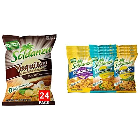 Soldanza Yuca/Cassava Chips, 1.59 Oz (Pack of 24) + Soldanza Plantain Chips, Variety Pack 2.5 oz (Pack of 12) 4 x Salted, 4 x Ripe, 4 x Garlic Cover
