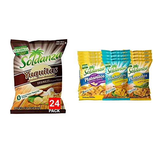Soldanza Yuca/Cassava Chips, 1.59 Oz (Pack of 24) + Soldanza Plantain Chips, Variety Pack 2.5 oz (Pack of 12) 4 x Salted, 4 x Ripe, 4 x Garlic image 2