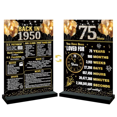 Trgowaul 75th Birthday Anniversary Decorations Women Men, Black Gold Back in 1950 Birthday Poster Acrylic Table Sign with Stand, 75 Birthday Decor Gifts Men, Vintage 1950 75 Years Ago Poster Decoration