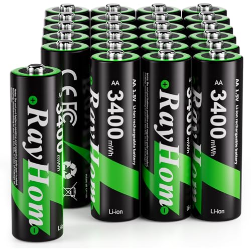 RayHom 24 Pack Rechargeable Lithium Batteries AA, 2000+ Cycles, 1.5V Constant Output, 3400mWh Double...