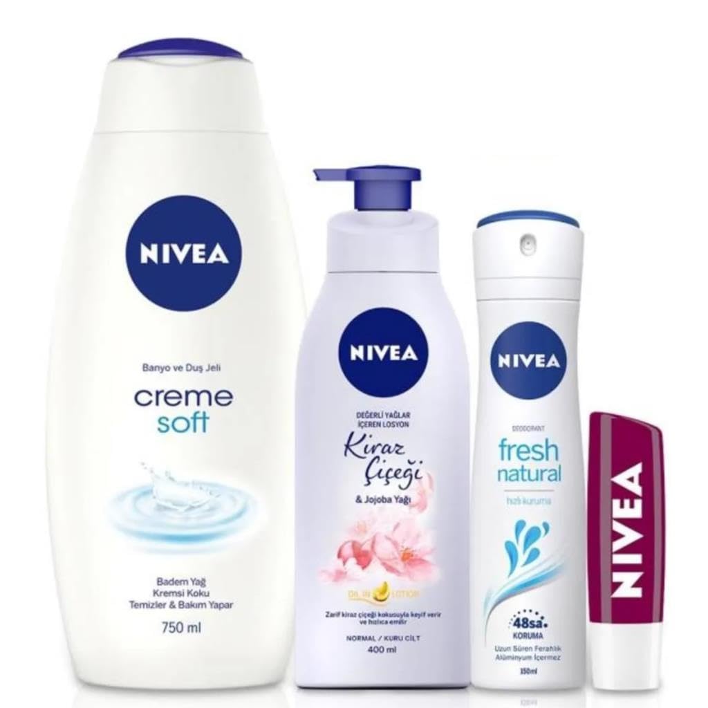 NIVEA Banyo Seti,Cream Soft Duş Jeli 750 ml,Fresh Natural Kadın Deodorant 150 ml,Vücut Losyonu 400 ml,Böğürtlen Dudak Bakım Kremi ve Banyo Terliği Hediye!