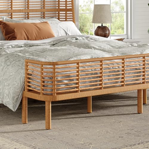 Merax King Gorgeous PE Wicker Bed with Wingback Headboard - 800lb Capacity Sleek Grid Design Metal Support Platform Bed, No Box Spring Needed, Natural by Merax - Image 7
