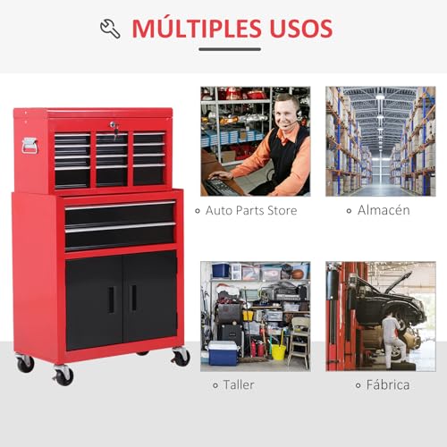 HOMCOM Carro de Herramientas con Baúl Superior, 2 en 1, Carro de Taller con 6 Cajones, Armario, Cerradura, 4 Ganchos, 2 Ruedas con Freno de Bloqueo, para Garaje, Hogar, Rojo - imagen 5