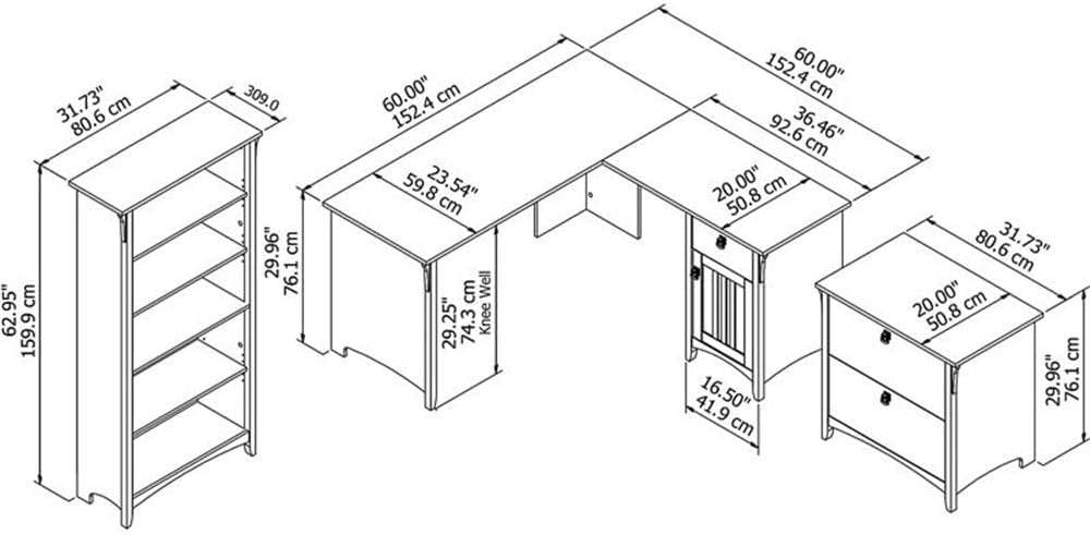 Scranton & Co Furniture Salinas L Shaped Desk with Storage Set, Vintage Black Finish, Wood Construction, Mission Style, Includes Lateral File Cabinet and 5 Shelf Bookcase, Ideal for Home Office Use
