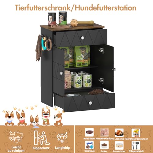 Haustier-Futterschrank mit Lagerschrank, Futterschrank Hund mit 2 Edelstahlnäpfen & 3 Haken, Hundefutterstation mit Schubladen & Verstellbarer Ablage, Hundebar für Hunde, 61x35,5x82,5cm (Schwarz)