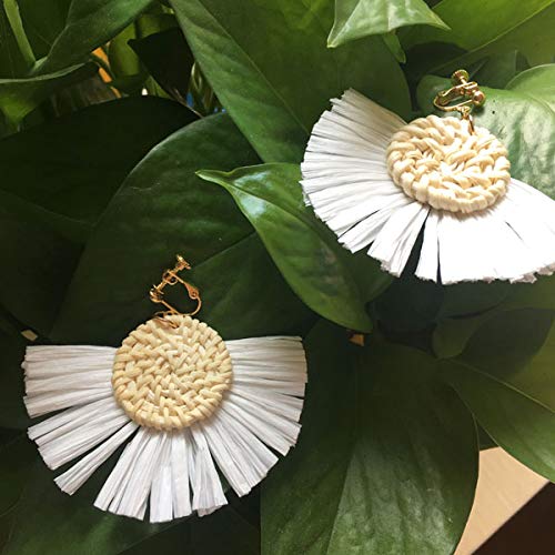 Handmade Woven Tassel Clip On Earrings For Women Girls Lightweight Rattan Raffia Straw Wicker Braid Fan Dangle Drop Non Pierced Ears Painless Design Gold Plated Fashion Gifts For Her Birthday #TOP1