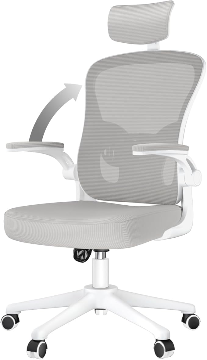 rattantree Silla de Oficina o Escritorio Ergonómica con Reposacabezas Ajustable y Soporte Lumbar, Respaldo de Malla Transpirable, Reposabrazos Abatibles de 90°, Giratoria de 360°, Gris