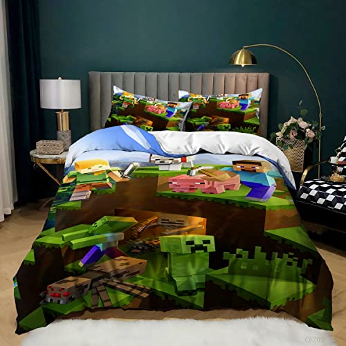 LISaINmAy Juego De Funda Nórdica De Tamaño único para Niños, Niñas, Dormitorio, Juego De Cama, Funda De Edredón Azul Minecraft, Colcha ((180x220 cm)-Cama de 105/135,MC 04)
