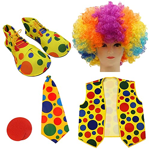 HINAA Halloween Clown Kostüme Set, Clown Perücke, Clown Schuhe, Clown Nase, Clown Tie und Clown Weste Cosplay Kostüm Zubehör für Karneval Karneval Fasching Kinder Männer Frauen Erwachsene Cover