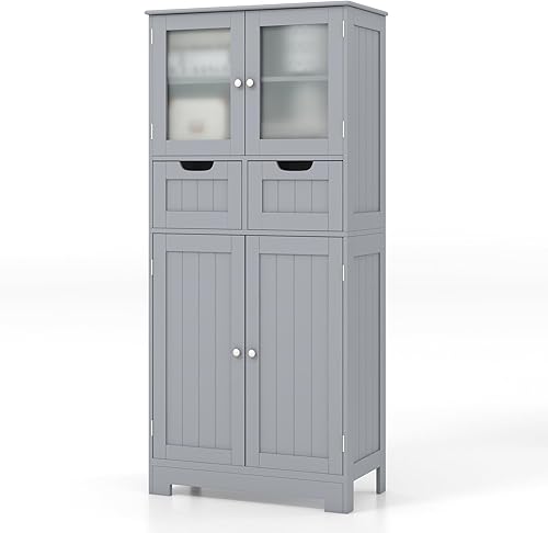 LOKO Armario de baño, organizador de almacenamiento de lino con puertas y cajones, armario de piso de madera con estantes ajustables para baño, sala