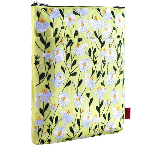 LParkin Funda de libro con bordado de flores de margaritas con cremallera para lectores, funda protectora de regalo para los amantes de los libros, tela lavable de 11 x 8.5 pulgadas, color blanco