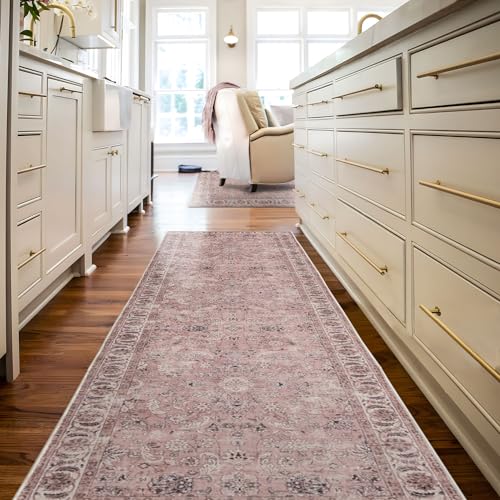 TALETA Teppich Läufer Flur rutschfest waschbar, Küchenläufer bunter Küchenteppich Vintage, Teppich Läufer für Küche, Terrasse, Treppen, Flur, Gang, rosa, 80 x 300 cm