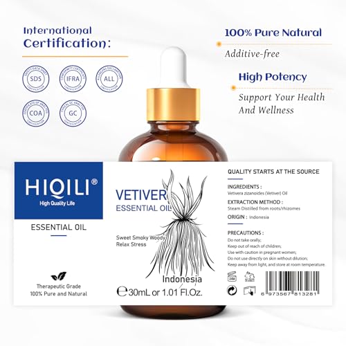 Image of HIQILI 1 Fl Oz Vetiver Essential Oil, 100% Pure Natural for Skin, Candle Making - 30ml