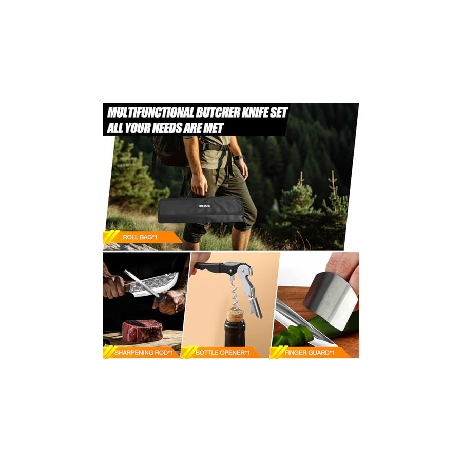 MDHAND 14PCS Professional Butcher Knife Set with Roll Bag, Heavy Duty Meat Cleaver, Boning Knife, Viking Knives, Hand Forged Chef Knife Set, Meat Cutting Knife for Kitchen, Gift for Men, BBQ, Camping