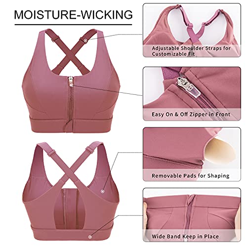 Cordaw Women's Zip Front Sports Bra Adjustable Straps Medium Impact High Support Zipper Running Bra For Workout Exercise Pink Small #TOP4