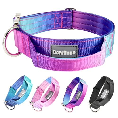 Comfluxe Tactical Dog Collar, Wide Thick Heavy Duty Dog Collar with Handle, Soft Neoprene Padded Military-Grade Nylon Training Collar with Quick Release Metal Buckle for Large Dogs(Purple, L,XL)