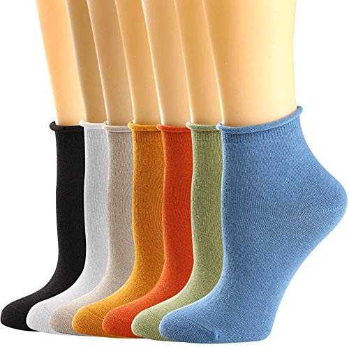 Womens Socks, Ruffle Turn-Cuff Ankle Crew Low Cut Casual Socks Knit Cotton Lettuce Dress Winter Warm Socks For Women 7 Pack