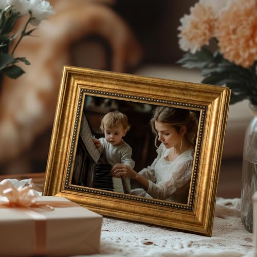 Afuly Bilderrahmen Gold 20x25 Vintage Fotorahmen mit Gold Perlen Retro Antique Rustikal Rahmen Wand Tabelle Deko Anzeigen Muttertage Geburtstag Hochzeit Geschenke für Mutter Oma Familien