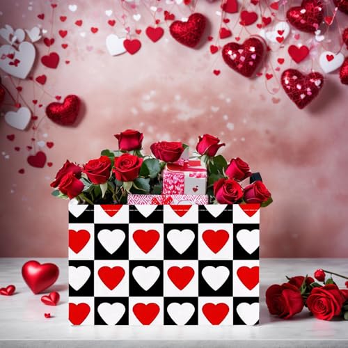 Image of Cute Large Valentine's Day Gift Basket Empty Heart Decor Storage Bin for Kid Baby Room Decor (Checkered Red and White)