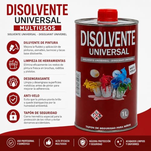 Miniatura 3 de Cablepelado Disolvente Universal Multiusos 1l Diluyente Para Pinturas Y Barnices Base Disolvente Limpieza De Brochas, Rodillos Y Pistolas Tapón De Seguridad Antiderrames