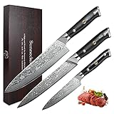 【Messer Set mit Stabiler G10 Griff】 Unsere Griff is aus hochwertigem japanischen VG10-Kohlenstoffstahl geschmiedet. Der Griff des Damastmessers ist sehr unempfindlich gegen Hitze, Kälte und Feuchtigkeit. G10 Material ist isoliert, korrosionsbeständig und verschleißfest.