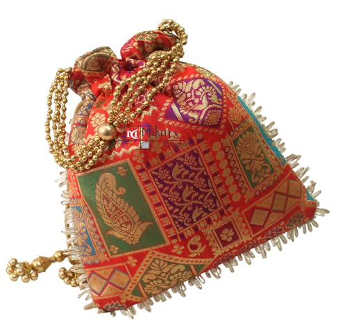 Image of MILAN'S CREATION Potli Banarasi Silk Brocade Bag Purse Drawstring Women's handbag with Pearl Handle & Tassel Weddings