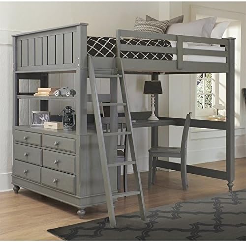 Lake House Full Loft Bed with Desk and Shelf in Stone