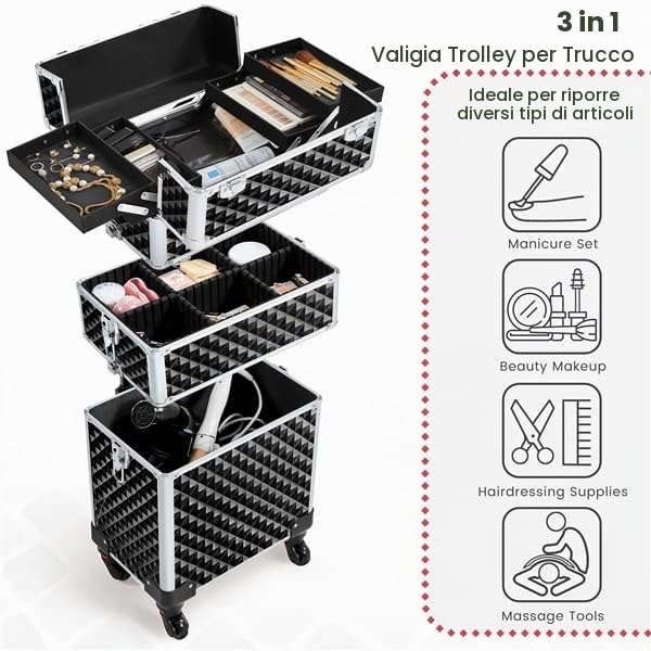Valigia Valigetta Porta Trucchi 3 in 1 Grande Trolley Professionale Makeup Beauty Case Estetista da Viaggio con Ruote Nero