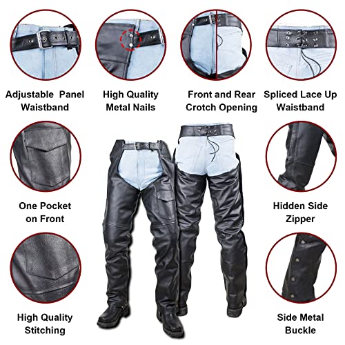 Motorcycle Leather Chaps For Men Biker Riding Cowboy Chaps Black Multi-Pocket Bottomless Pants With Zipout Liner (As1, Alpha, L, Regular, Regular, Black) #TOP2