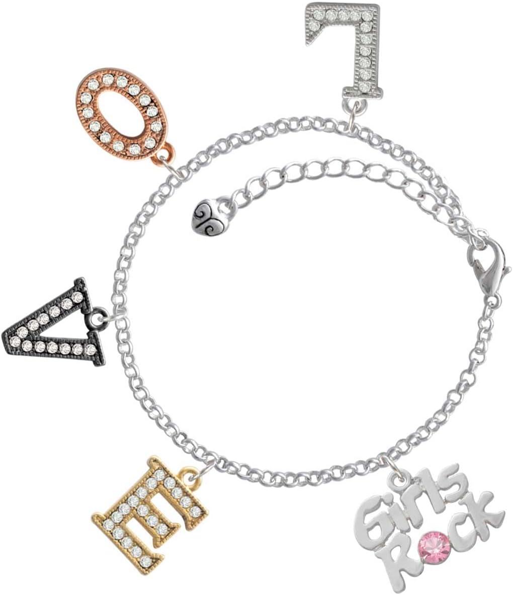 Delight Jewelry Silvertone Girls Rock with Light Pink Crystal Multi-Colored Crystal Love Charm Bracelet, 6+2" Extender