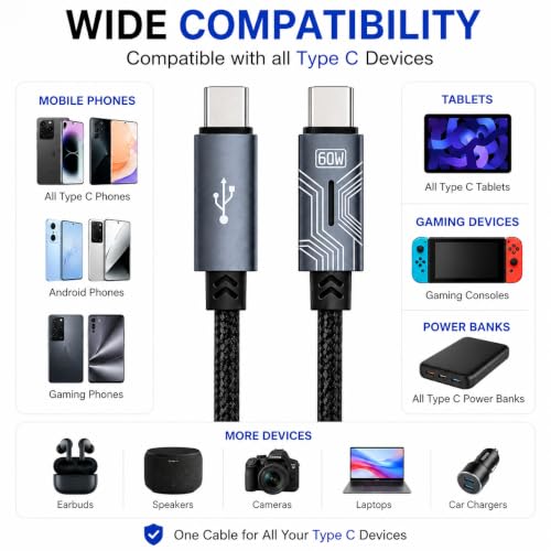 Image of 60W PD Type C to Type C Mobile Charging Cable, 1.2M, Fast Data Sync, Tangle Resistant, TPE+Nylon Braided(Black)