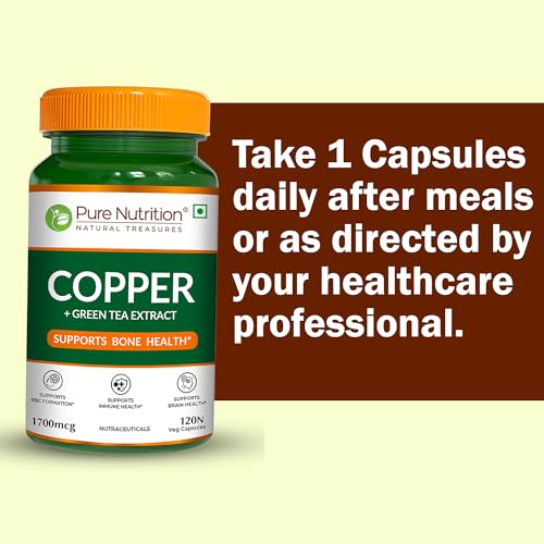 Image of Pure Nutrition Copper Supplements | Copper Tablets Capsules for Men & Women 1700mcg with Green Tea Extract | Support Connective Tissues, Brain Health, Boost Immunity - 120 Veg Capsules