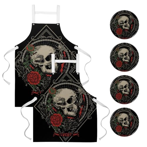 Lot de 2 tabliers de cuisine imprimés tête de mort porte-bonheur avec 4 broches