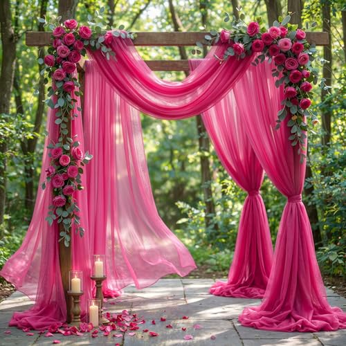 Image of Wedding Arch Draping Fabric, 2 Panels 30 inch x 20Ft Hot Pink Sheer Curtain Drapes Extra Wide & Long Backdrop Curtains for Bridal Shower Backdrop Outdoor Party Arches Church Ceremony Decoration