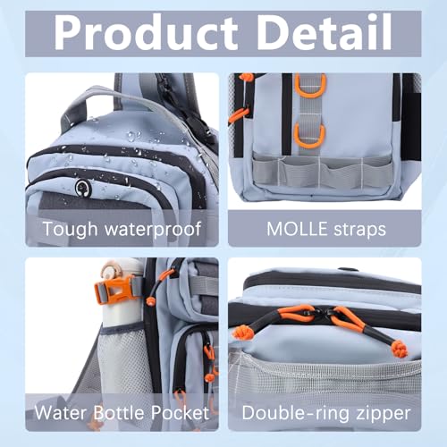 VKVXCLON Fishing Backpack Tackle Storage Bag with 2 Tackle Boxes,Lightweight Outdoor Water-Resistant Fishing Shoulder Bag with Rod Holder-Store Fishing Gear for Fishing(Grey)
