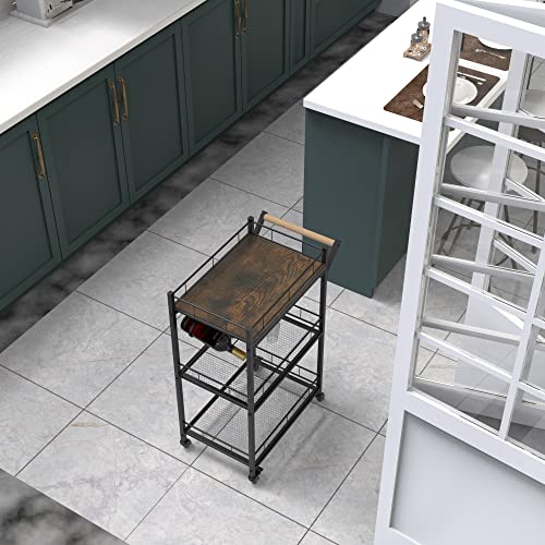 Anyhi Kitchen Serving Cart, 3-Tier Bar Cart On Wheels, Microwave Cart With Wine Rack And Handle Rack, Industrial Serving Trolley With Shorage Shelves For Toaster, Oven, Rustic Brown #TOP4