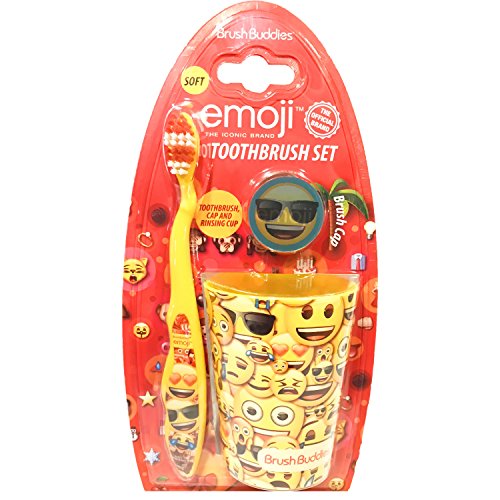 Brush Buddies Children's Soft Bristle Toothbrush Set Including Toothbrush, Rinsing Cup, and 3D Toothbrush Cap (Emoji)