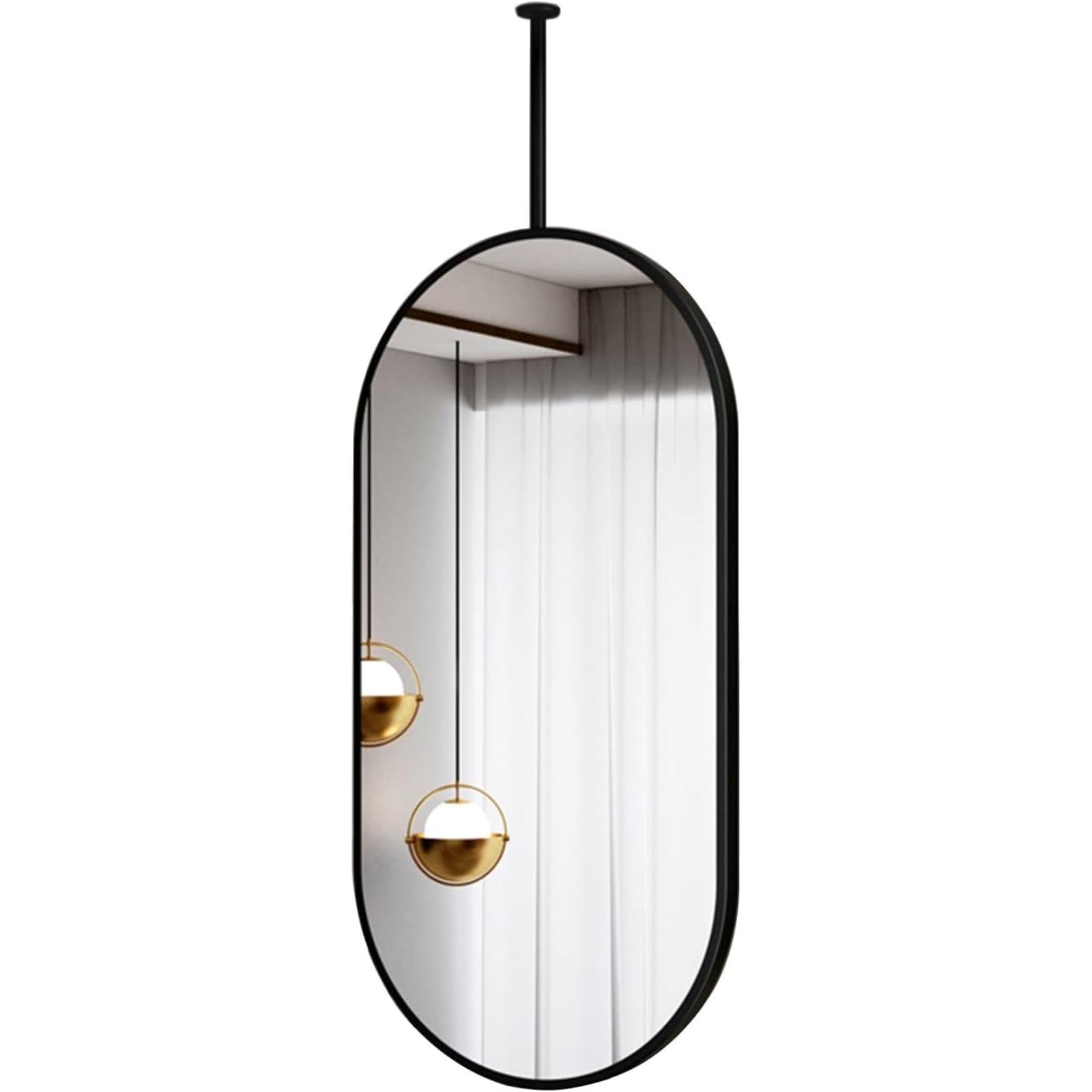 Miroir de plafond ovale suspendu flottant en métal noir avec barre rigide