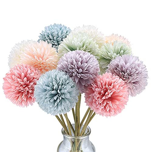 Aoyfuwell 12 Pcs Artificial Hydrangea Bouquets, Decorative Faux Ball Flowers, Silk Fake Chrysanthemum Flowers Plants for Indoor, Outdoor, Garden, Floral Arrangement, Home Decoration - 6 Colors