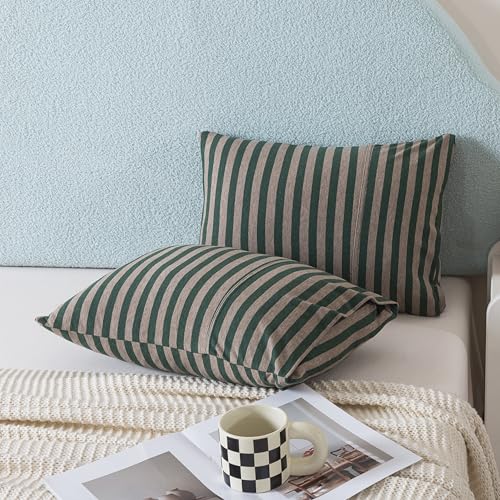 Image of H HOUSEHOLD 2-Pack Pillowcases 100% Cotton Knit Envelope Style, Ultra Soft Breathable Standard 13x18 Inch Pillow Cover, Machine Washable Dark Green and Grey Striped