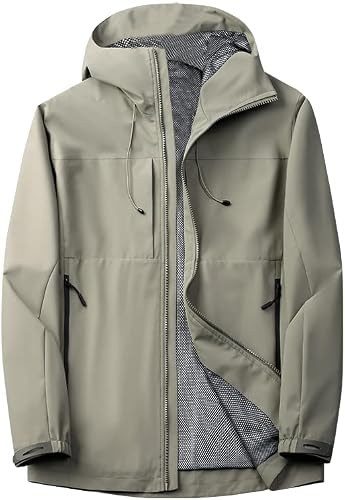 MJORI Men's Hooded Waterproof Jacket Outdoor Lightweight Softshell Jacket(Khaki Green,XL)