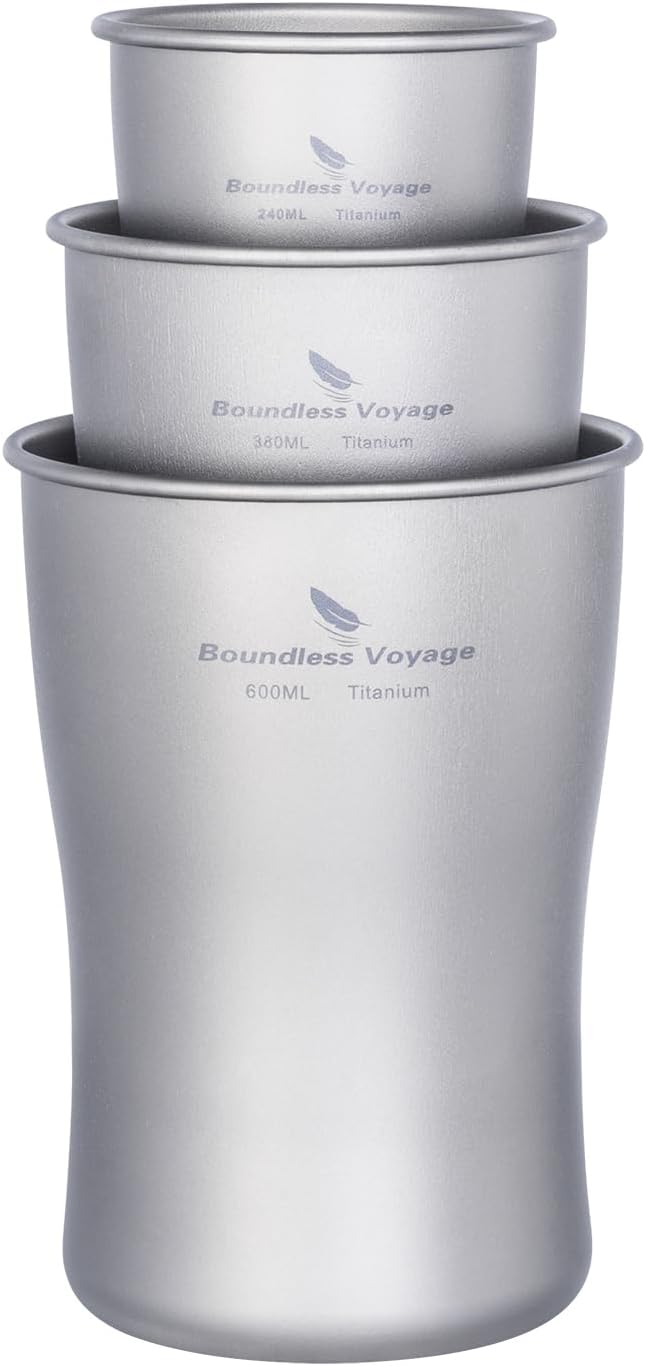 Boundless Voyage Titanium Beer Cups Ultralight Coffee Tea Juicy Mugs for Outdoor Camping Picnic 240ml 380ml 600ml (3 Cups Set)