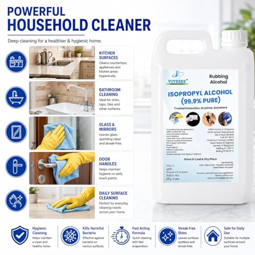 Image of VITSZEE 99% Pure Isopropyl Alcohol (IPA) 1 Litre | High Purity Cleaning & Disinfecting Solution | Fast Evaporation | Residue Free | Electronics, PCB & Surface Cleaner
