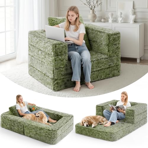 HABUTWAY 3-in-1 Human Dog & Cat Bed with Washable Faux Long Plush Cover, Calming Folding Pet Bed with Comfy Pillow, Large Dog Beds with Non-Slip Bottom for Bedroom & Outdoor Use, (Twin,Green)
