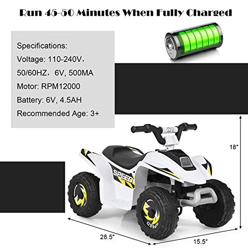 Image of HONEY JOY Ride On ATV, 6V Mini Off-Road Battery Powered Motorized Quad for Kids, Anti-Slip Wheels, RWD 4-Wheeler Electric Ride On Toy Car for Toddlers (White)